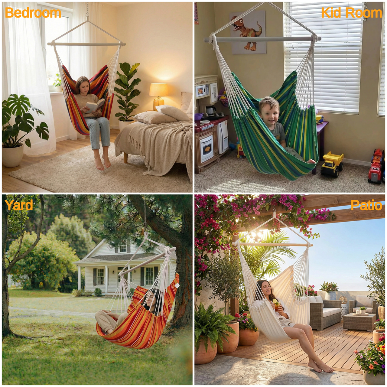 Sunyear Hammock Chair Swing Max 500 lbs with Sturdy Metal Bar & Anti-Slip Safety Rings Swing Chair Outdoor/Indoor Use - Hanging Chair for Bedroom, Patio,  Porch, Deck