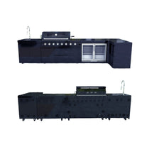 62-Inch 6-Burner 96000 BTU Black Stainless Steel Gas Outdoor Kitchen Bar Barbecue Island Grill + Refrigerator + Rotisserie + Granite Countertops