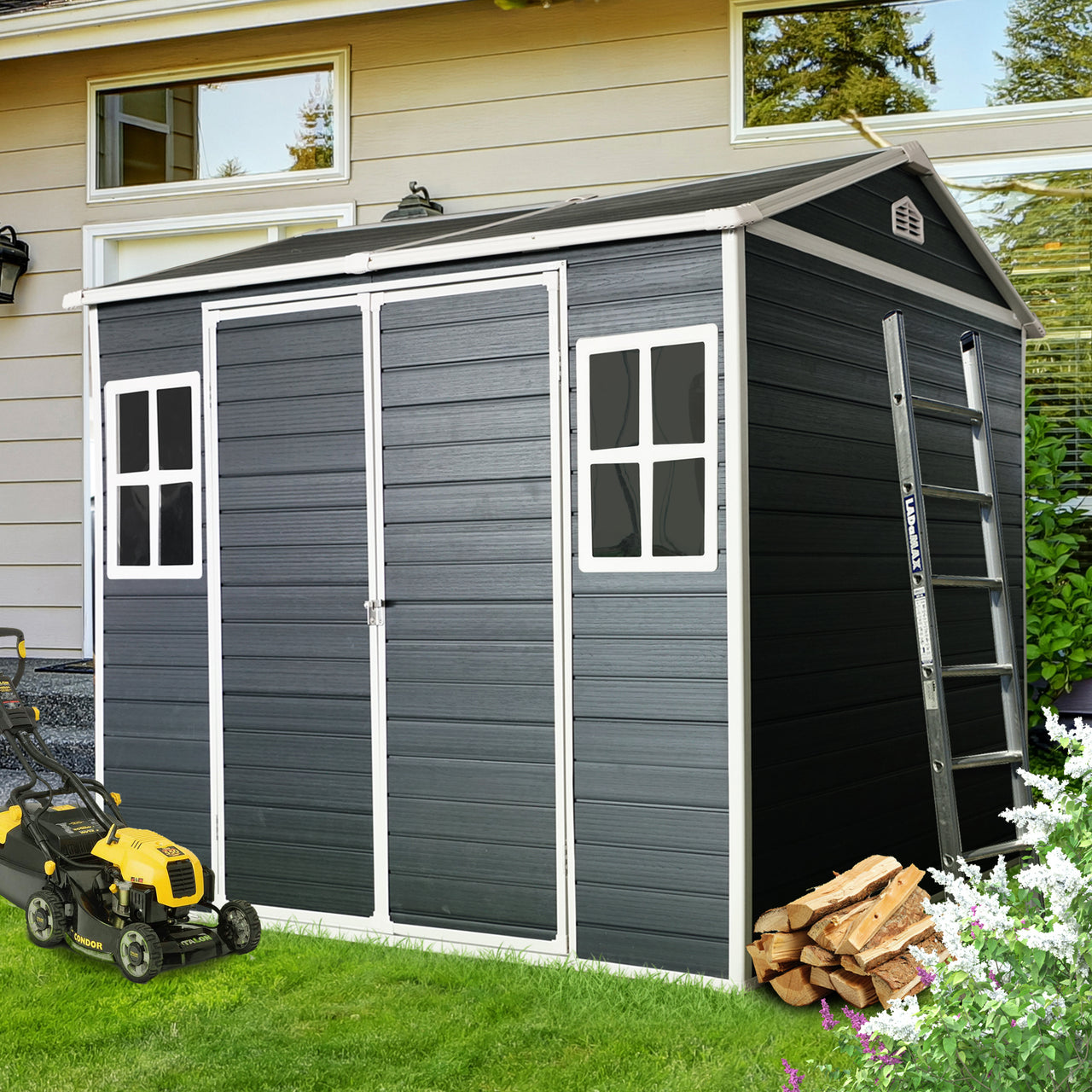 Outdoor Storage Shed, 6x8 FT Resin Sheds and Outdoor Storage With Floor, Padlockable Double Doors, Air Vents, Outside Storage Building For Backyard Lawn Patio