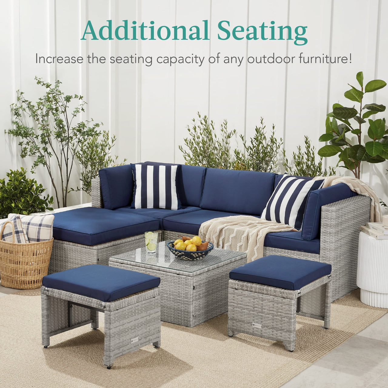 Best Choice Products Set of 2 Multipurpose Patio Wicker Ottomans w/ Removable Cushions - Gray/Navy