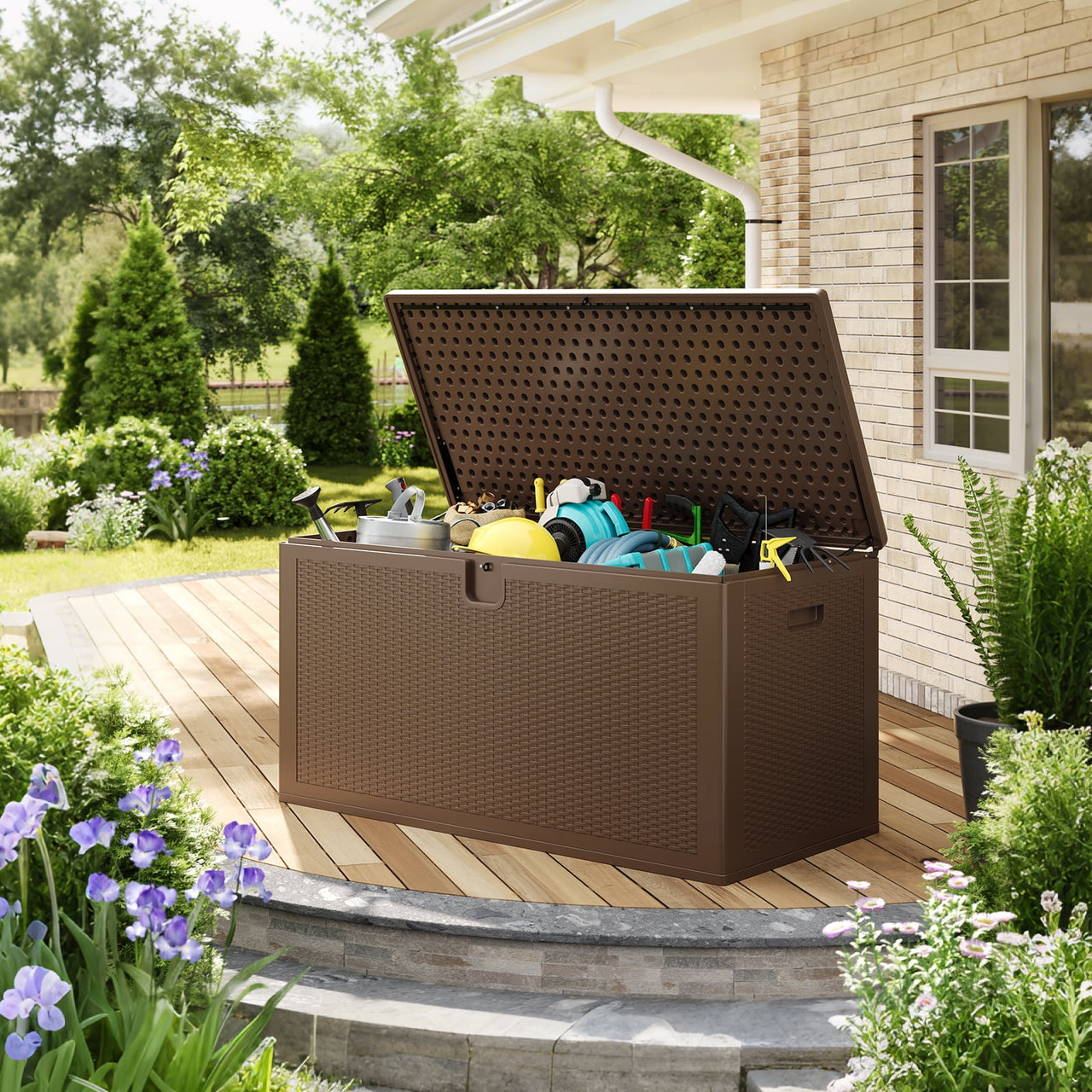 Gaderth 150 Gal Deck Box, Weather-Resistant Outdoor Storage Box with Lid, Weatherproof & Lockable Outdoor Storage Bin, Lockable Storage Bin with Built-in Handle for Patio
