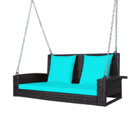 Costway 2-Person Patio Rattan Hanging Porch Swing Bench Chair Cushion Turquoise