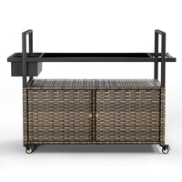 Gymojoy Outdoor Dining Cart Table, Patio Grill Cart with Tempered Glass Top,Wicker Storage Cabinet, Lockable Wheels and Side Basket for Garden, Poolside & Backyard, Gray
