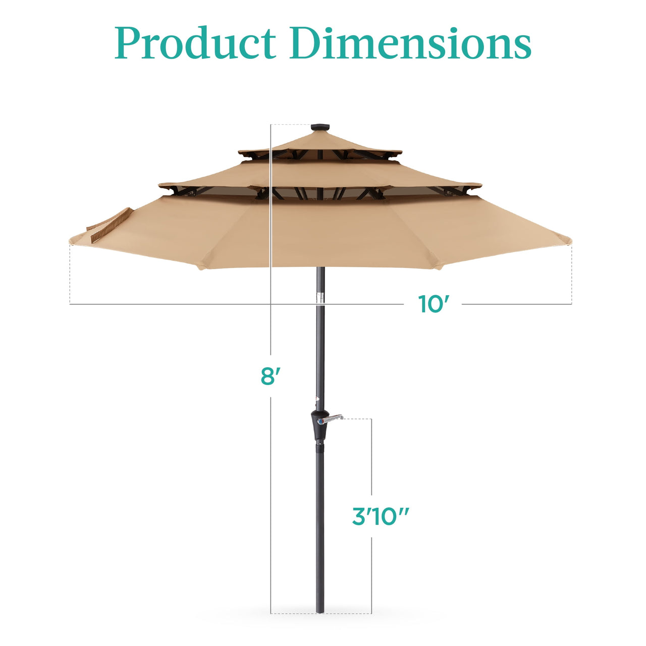Best Choice Products 10ft 3-Tier Solar Patio Umbrella w/ 24 LED Lights, Tilt Adjustment, Easy Crank - Tan
