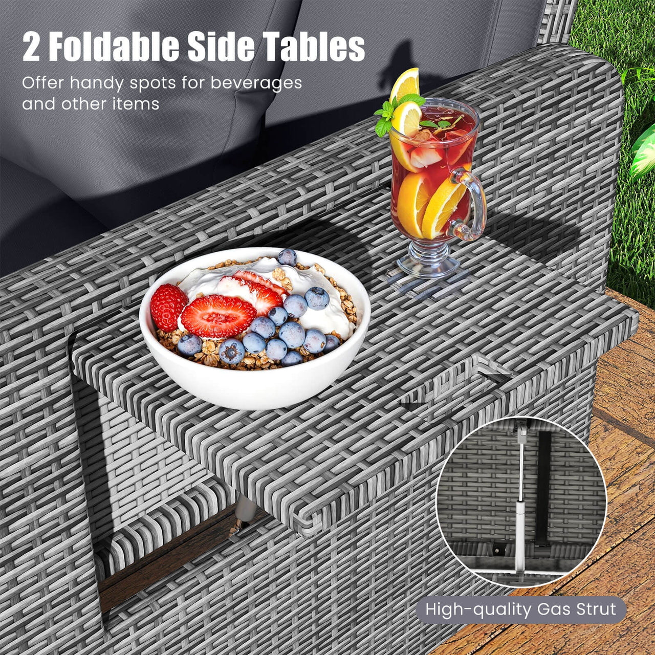Costway Wicker Outdoor Patio Dining Set with Ottoman and Retractable Side Tray, Gray
