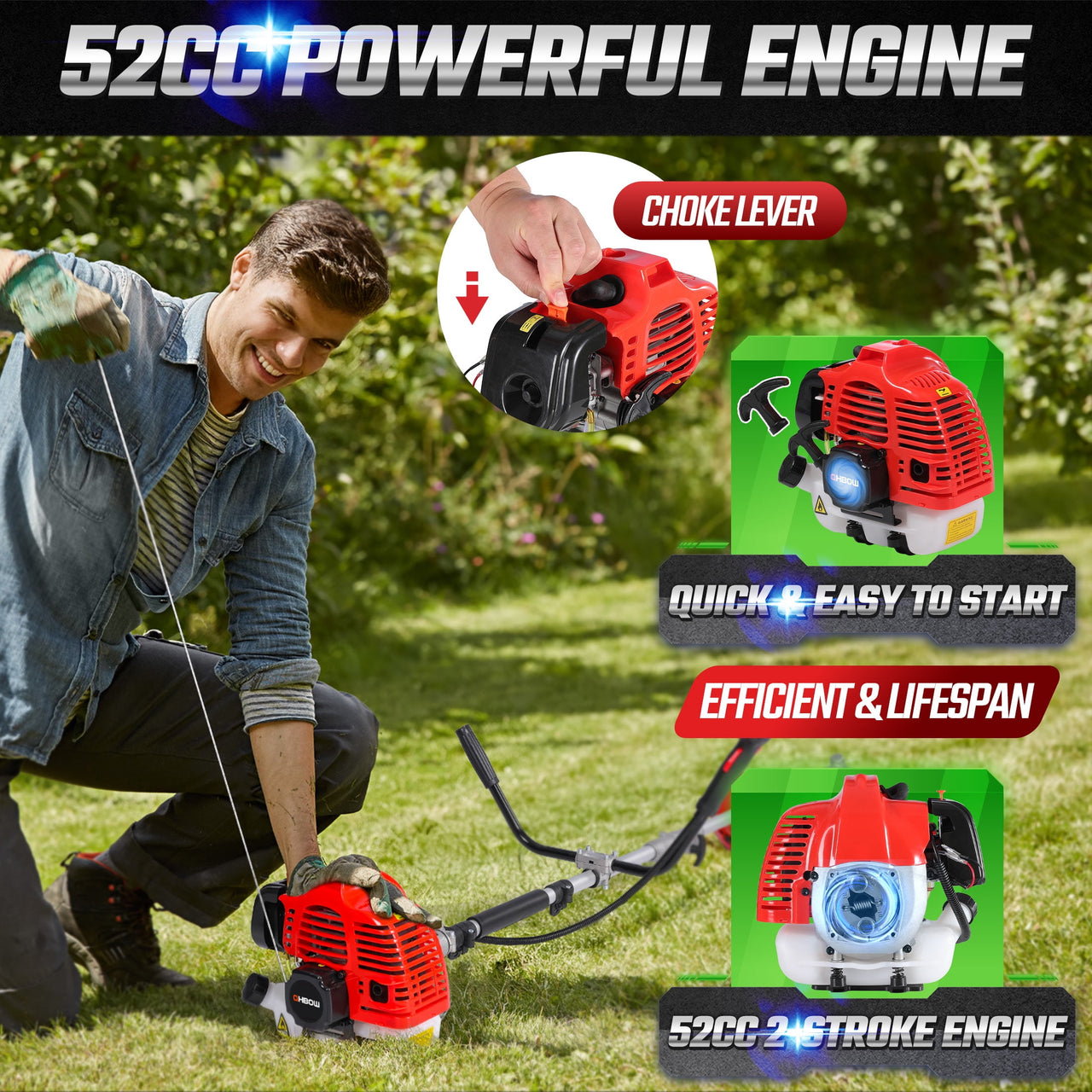 52cc 2-Cycle Weed Wacker Gas Powered, 3-in-1 Gas String Trimmer/Edger, 3T/40T
Brush Cutter 10", Powerful Gas Weed Trimmer for Lawn Care, 18" Cutting Path
Grass Trimmer with Shoulder Strap