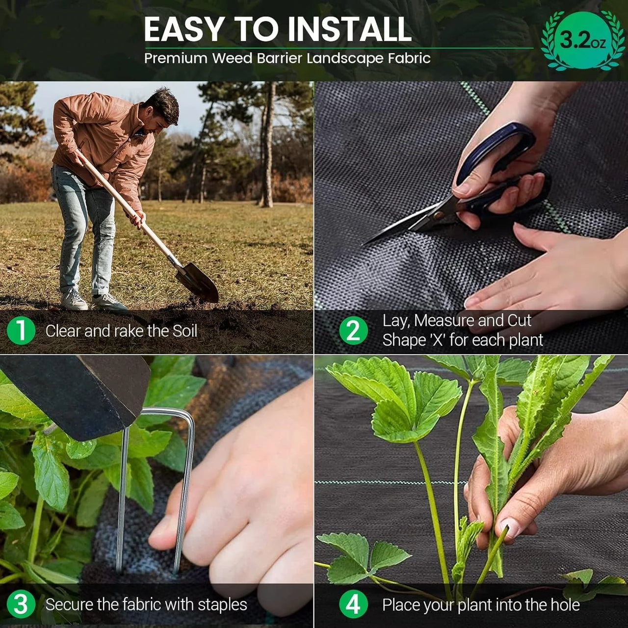 BSHAPPLUS® 3.3x50ft Weed Barrier Fabric,3.2OZ Landscape Fabric,Heavy Duty Geotextile Fabric with 12 U-Shaped Securing Pegs,Woven Ground Cover for Commercial Greenhouse,Yard,Garden Barrier Cloth