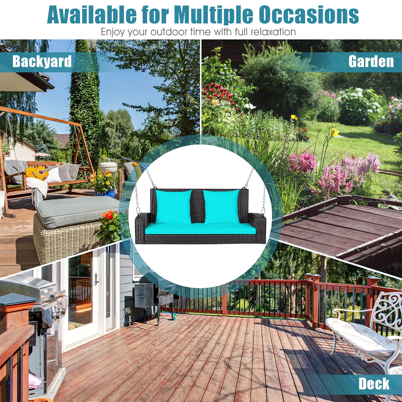 Costway 2-Person Patio Rattan Hanging Porch Swing Bench Chair Cushion Turquoise