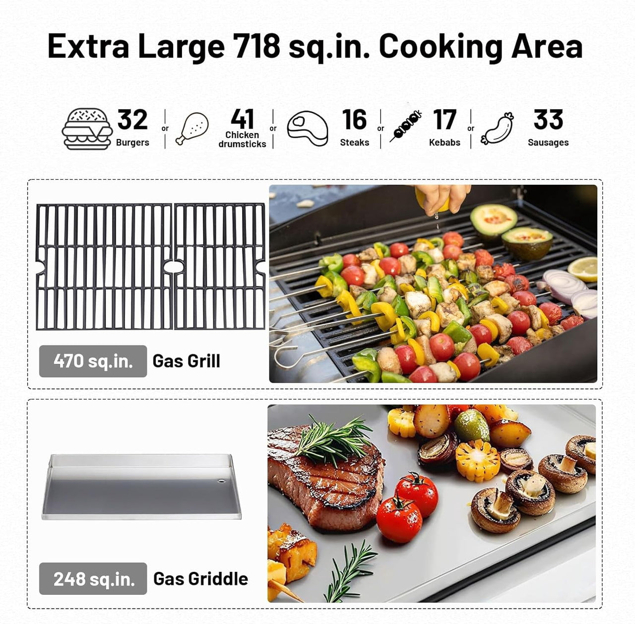 Urday 38,200 BTU 4-Burner Gas Grill and Griddle Station, Portable Propane BBQ Combo with 2 Folding Shelves & Hanging Basket, Versatile Outdoor Cooking Kitchen for Backyard