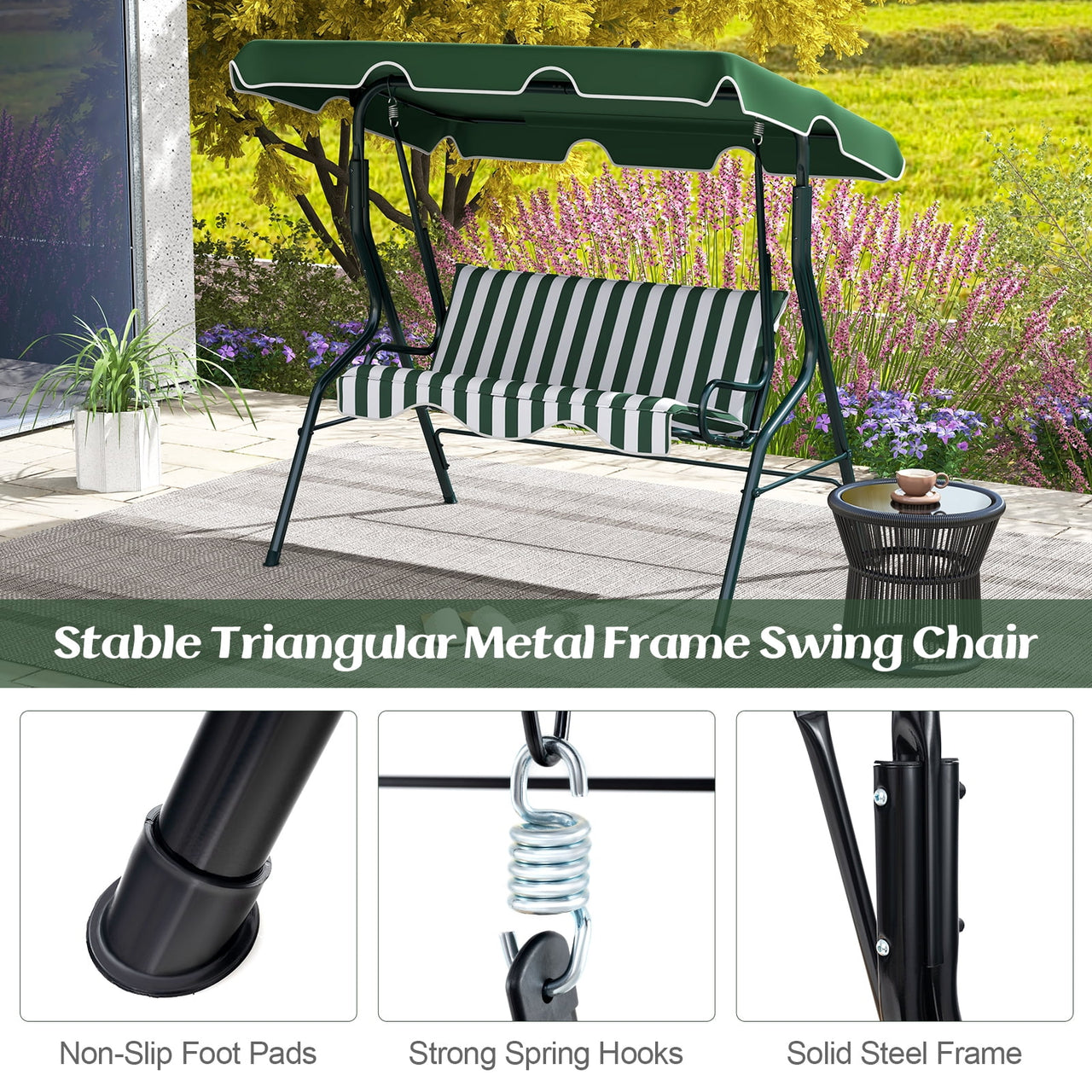 Costway 3 Seats Patio Backyard Canopy Steel Frame Swing Glider Hammock Cushioned
