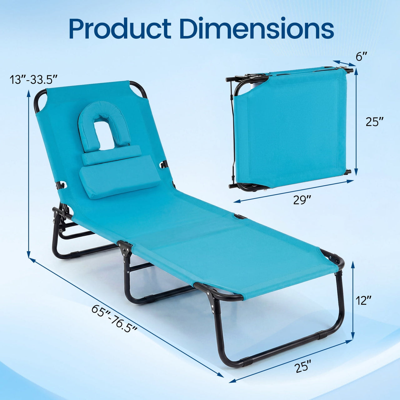 Costway Beach Chaise Lounge Chair with Face Hole Pillows & 4-Position Adjustable Backrest Turquoise