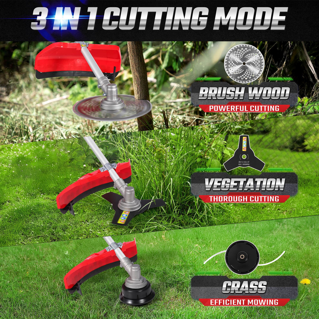 52cc 2-Cycle Weed Wacker Gas Powered, 3-in-1 Gas String Trimmer/Edger, 3T/40T
Brush Cutter 10", Powerful Gas Weed Trimmer for Lawn Care, 18" Cutting Path
Grass Trimmer with Shoulder Strap
