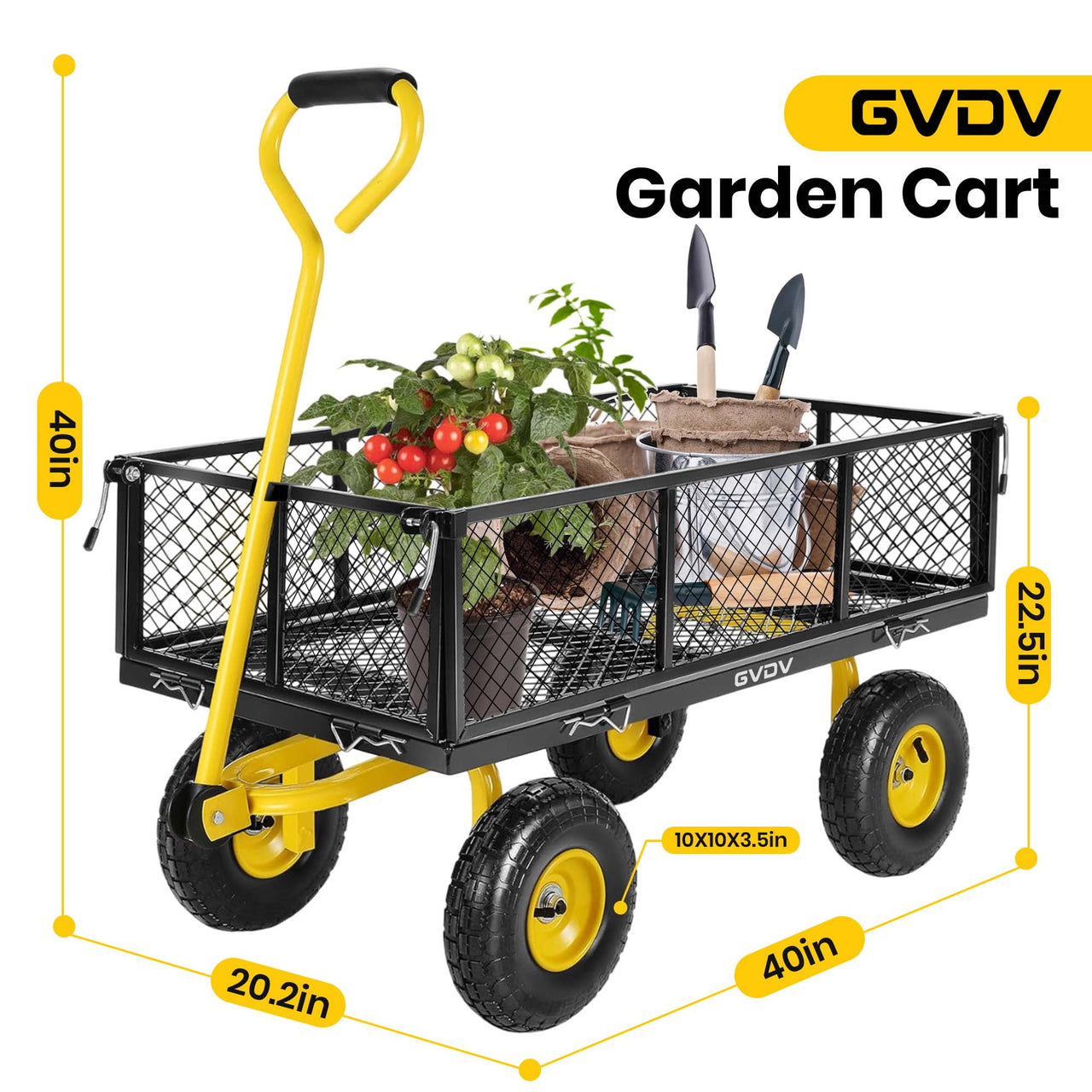 GVDV Heavy Duty Steel Garden Cart with Liner, 660lbs Capacity, 3 Cu ft, 10" All-Terrain Wheels, Black/Yellow – Durable Utility Cart for Yard Work, Hauling, and Outdoor Use