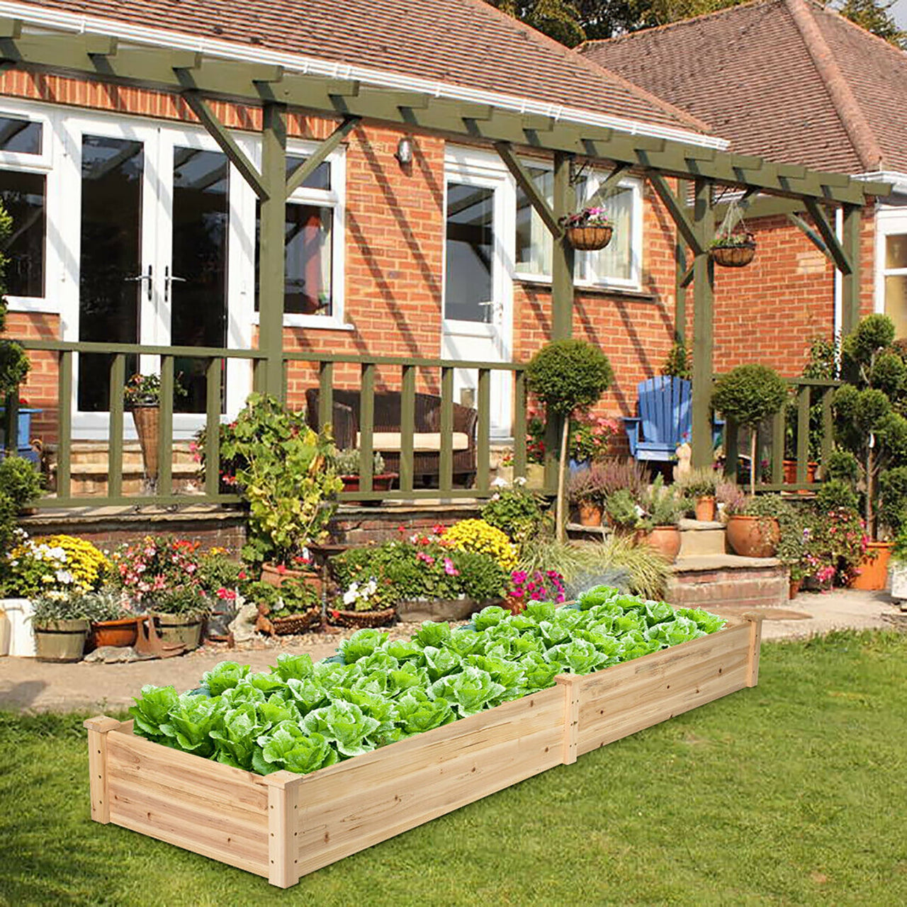 Costway Wooden Vegetable Raised Garden Bed Backyard Patio Grow Flowers Planter with 2 Planting Compartments