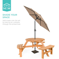 Best Choice Products 6-Person Circular Outdoor Wooden Picnic Table w/ 3 Built-In Benches, 500lb Capacity - Natural