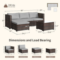 Patio Furniture Set Clearance, 5 Pieces Outdoor Conversation Set with Wicker Sofa Set and Tempered Glass Table for Garden & Backyard, Gray