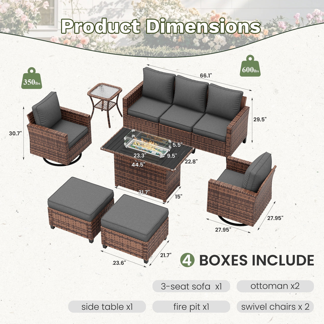 POTEBAN Patio Furniture Set with 44" Fire Pit Table, 7 Pieces Outdoor Sectional Couch, Black Wicker Rattan Conversation Sofa with Swivel Chair for Garden Backyard Deck, Dark Grey