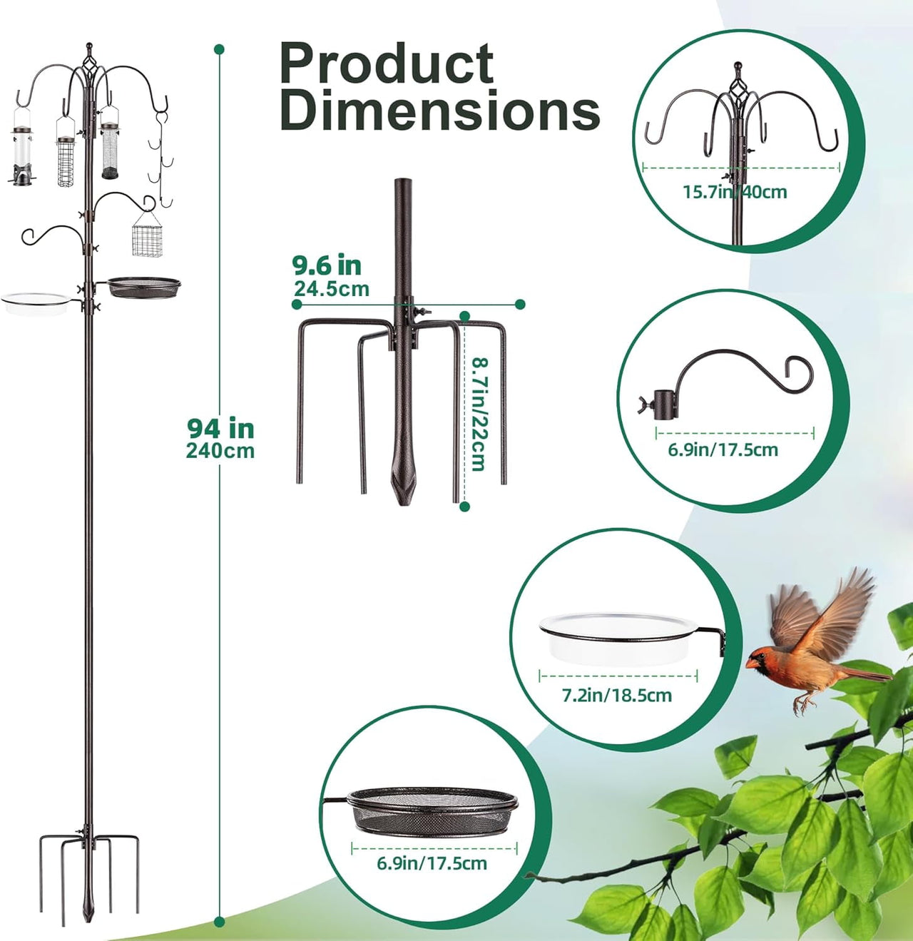 Urban Deco Bird Feeding Station,A Set with 6 Bird Feeders Hanging,Bird Feeder Poles Kit Premium Bird Bath for Attracting Wild Birds,Black