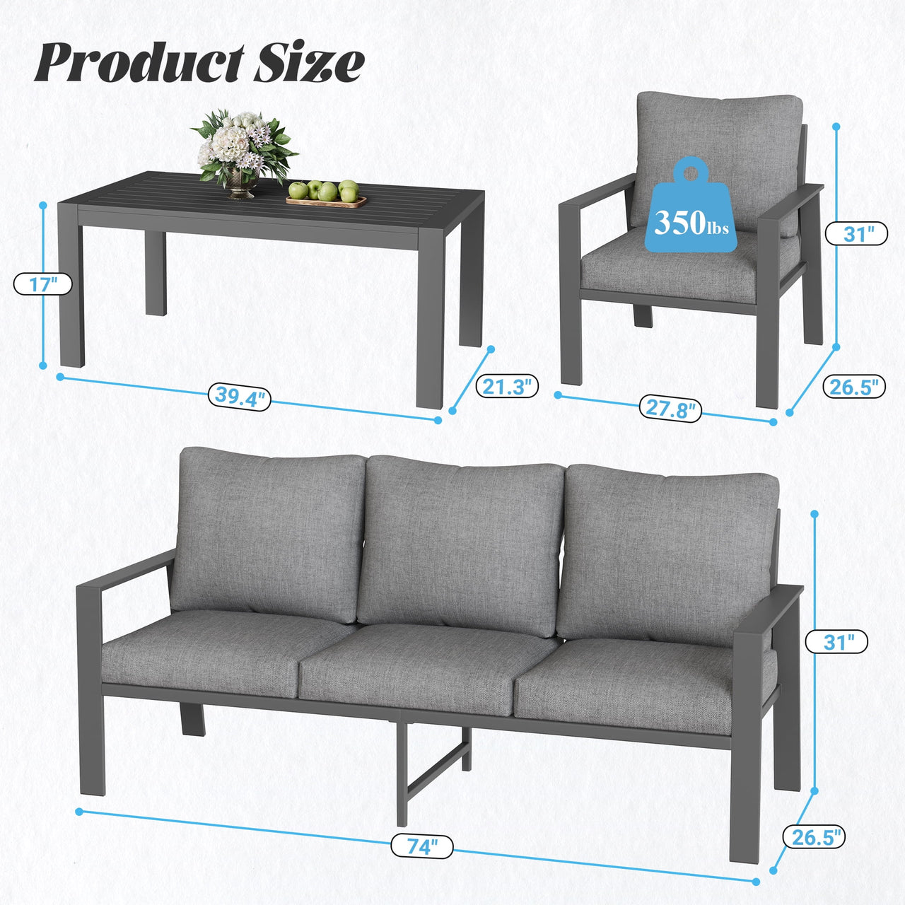 MRUAKA Aluminum Patio Furniture Set, 6 Pcs Modern Outdoor Sofa Sets, Outdoor Sectional Patio Conversation Set with Coffee Table for Backyard, Poolside, Dark Grey