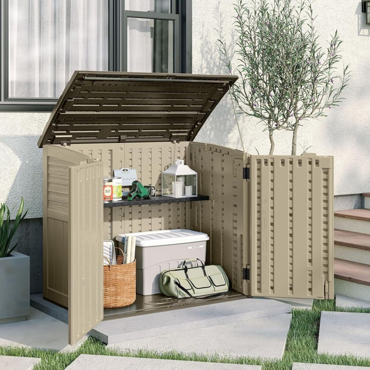 Suncast 3 Pack Horizontal Shed Shelf Space Saving Wall Outdoor Storage, Black