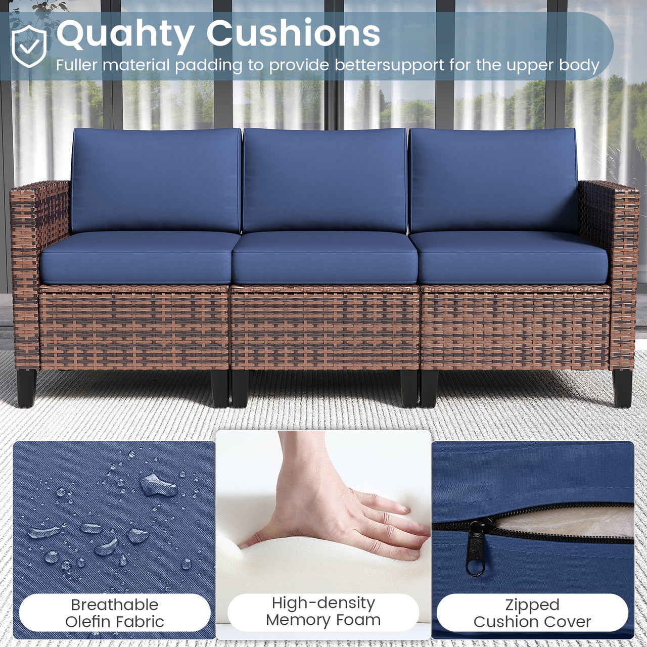 Ampatio 7 Pieces Patio Furniture Outdoor Conversation Set Rattan Wicker Outdoor Sectional Sofa with Swivel Chairs & Coffee Table, Navy Blue