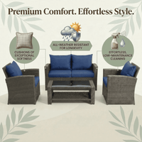 HOYOA Wicker Patio Furniture Set, 4 Piece Outdoor Sectional Conversation Sets, Grey PE Rattan Patio Sofa Set for Balcony, Porch, Backyard, Blue