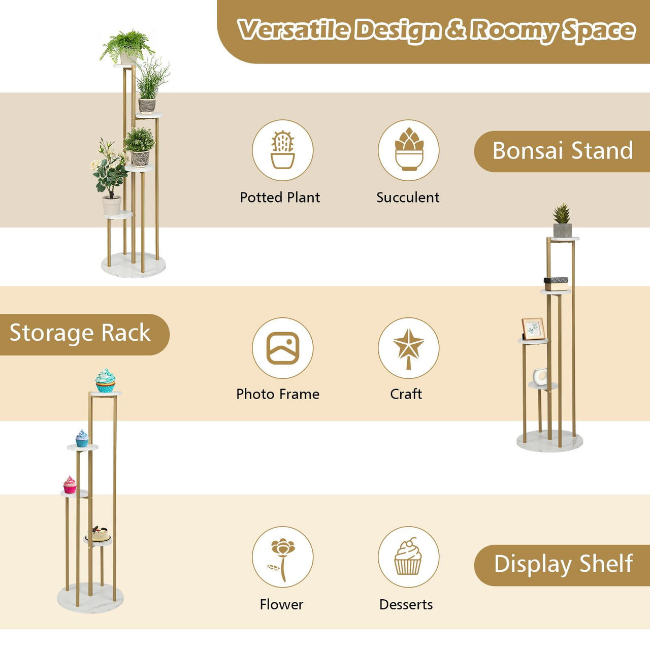 Giantex  4-Tier Metal Plant Stand, Planter Holder  W/ Golden Metal Frame, Faux Marble Finish, Potted Planter Display Rack