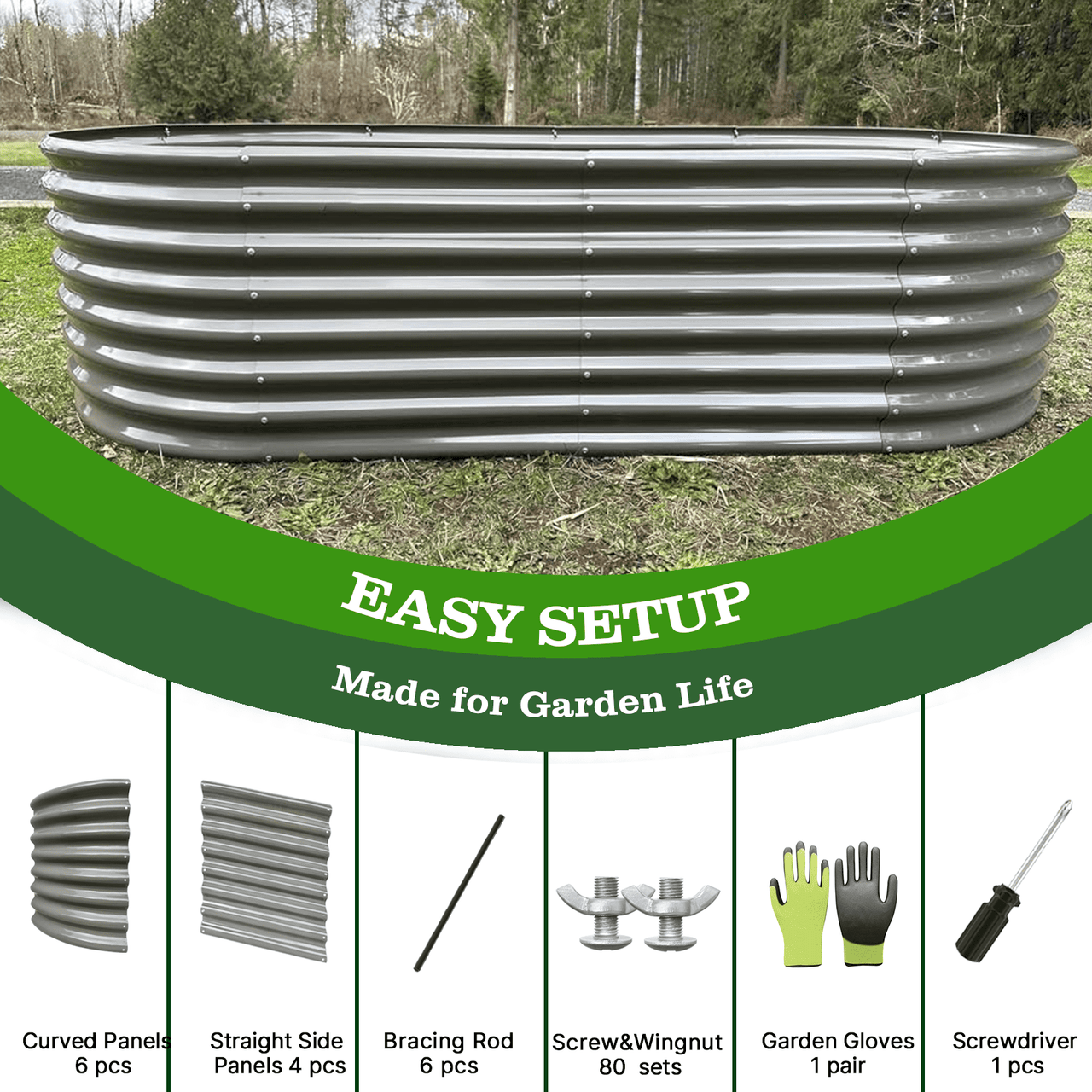 TRAMULL 8X4X2ft Galvanized Raised Garden Bed, Oval Above Ground Modular Metal Outdoor Planter Boxes(Quartz Grey)