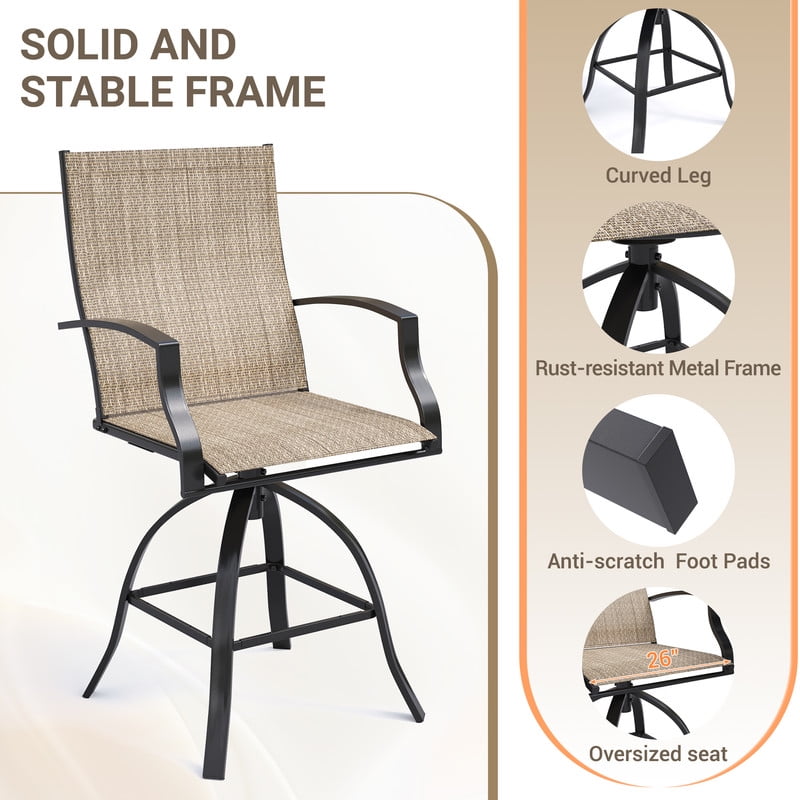 AMOPATIO 3-Piece Patio Swivel Bar Set - All Weather High Top Bistro Set with 2 Oversize Bar Stools & Metal Table for Backyard, Garden, Porch, Khaki
