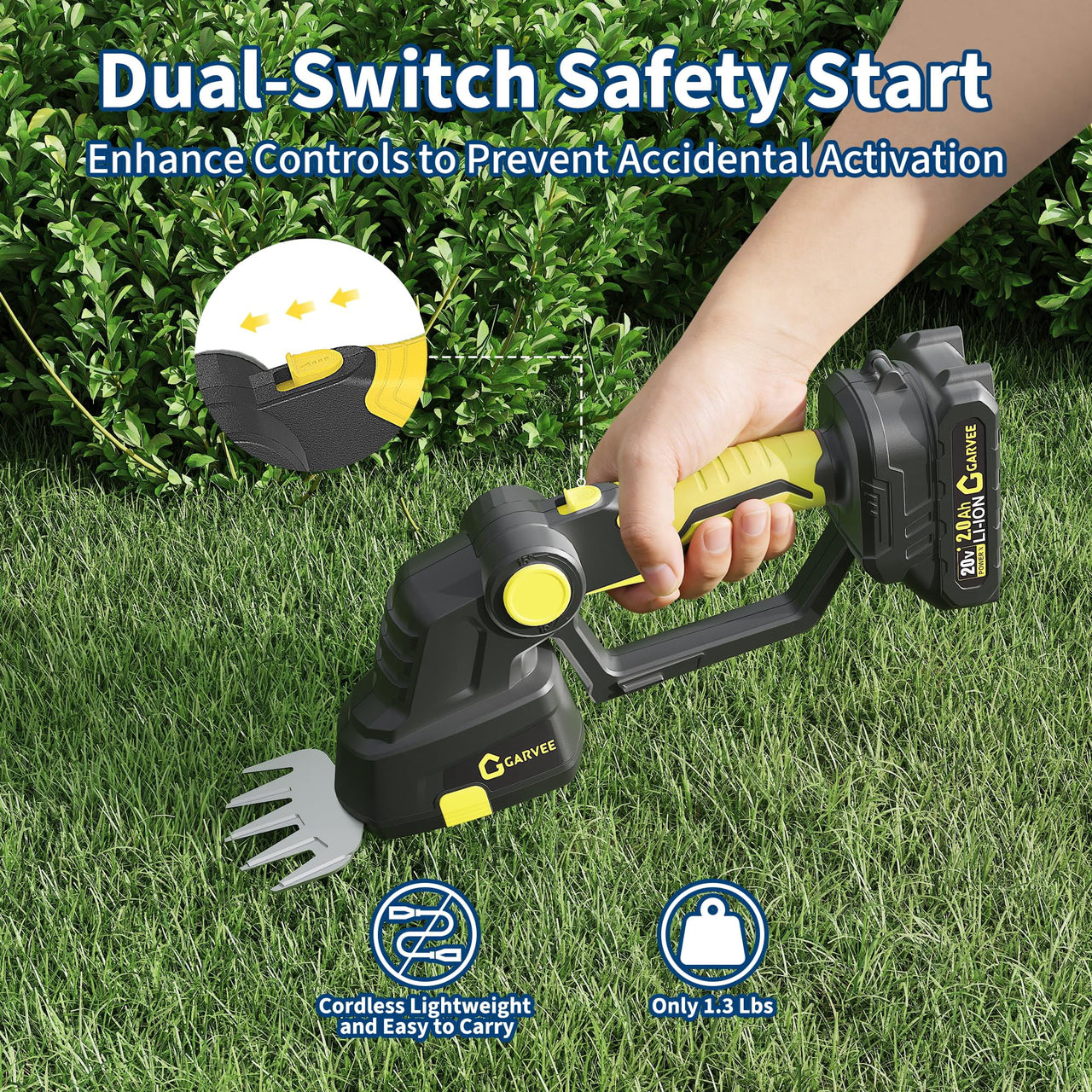 Cordless Hedge Trimmer 2-in-1, 20V 2.0Ah Electric Grass Shears & Hedge Trimmers with 2 Batteries & Charger, 120 Minutes Runtime, Adjustable Angle (15°/30°/45°)Lightweight Ergonomic Design for Garden