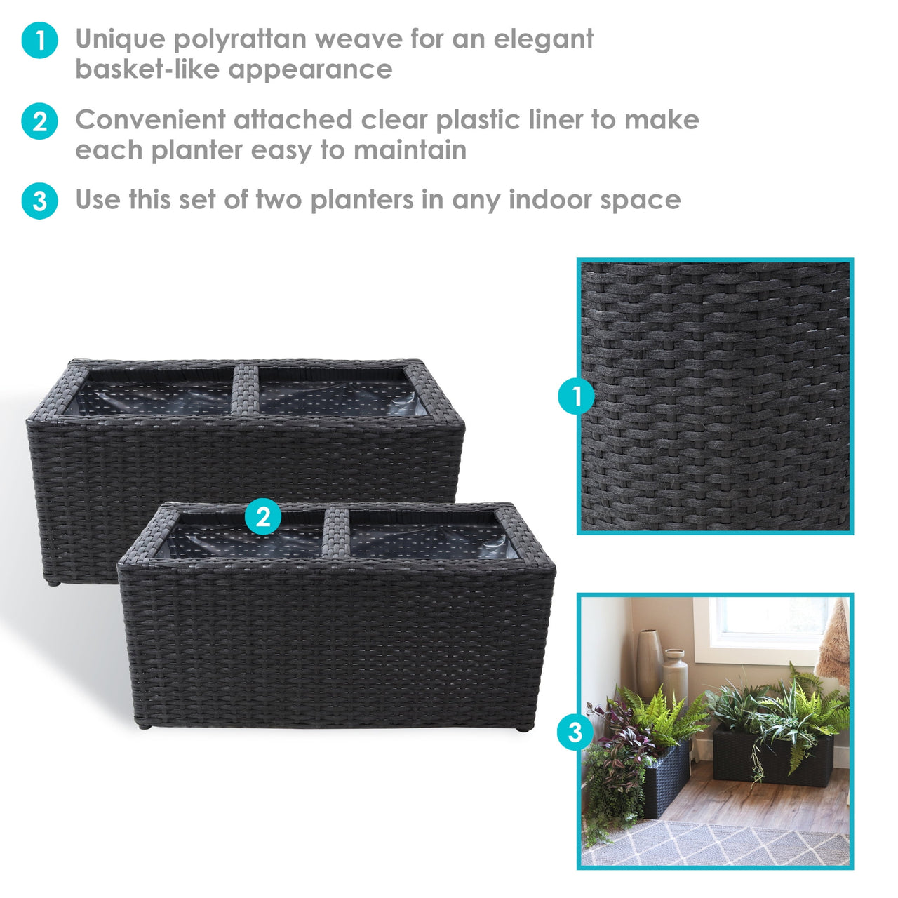 Sunnydaze 21.5" x 11.5" x 9.25" Rectangle Black Polyrattan 2-Section Indoor Planter 2-Count