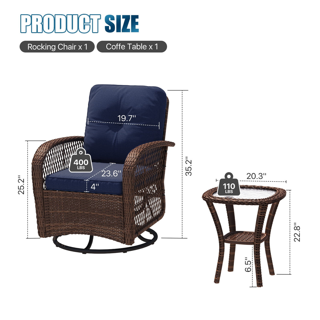 Sunmthink 3-Piece Patio Furniture Set with Swivel Rocking Chairs and Side Table, Thickened Cushions Outdoor Wicker Bistro for Porch Deck Backyard (Blue)
