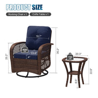 Sunmthink 3-Piece Patio Furniture Set with Swivel Rocking Chairs and Side Table, Thickened Cushions Outdoor Wicker Bistro for Porch Deck Backyard (Blue)