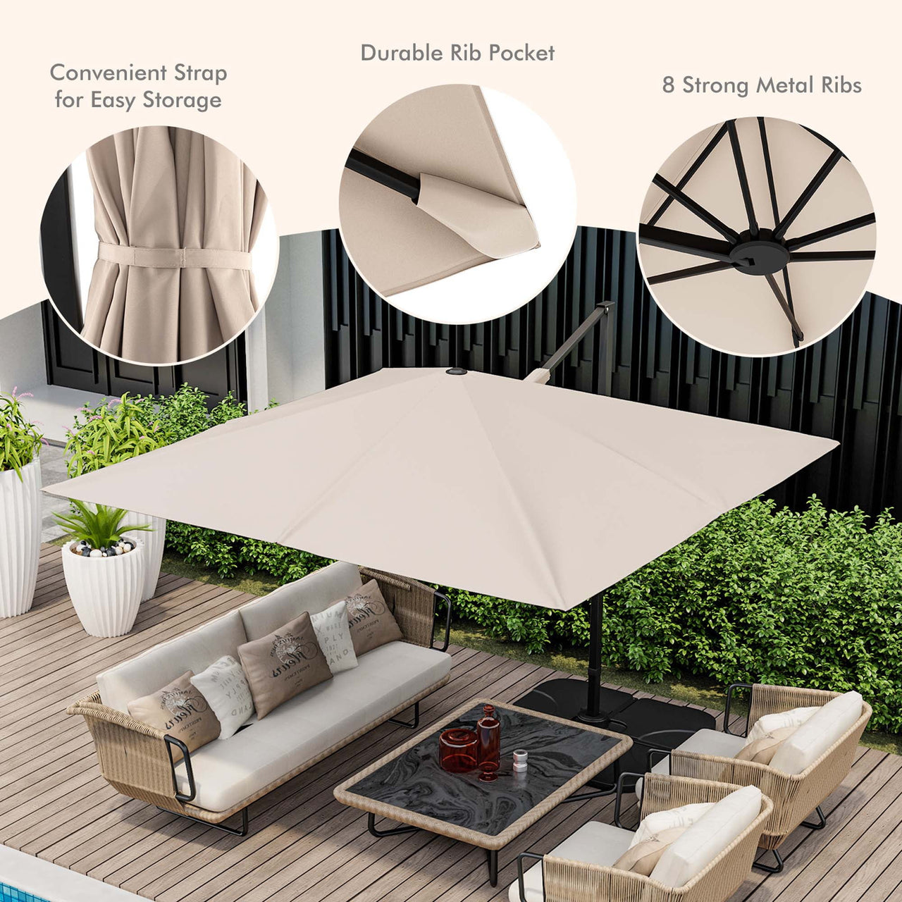 Costway 9.5ft Beige Square Cantilever Offset Patio Umbrella, 360° Rotation
