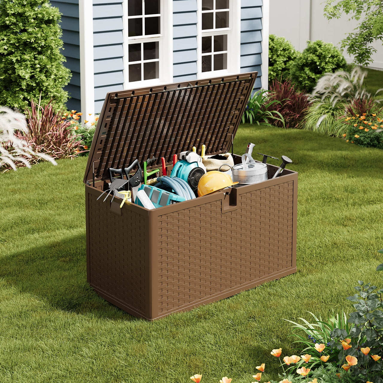Ataucjin 120 Gal Deck Box, Weather-Resistant Outdoor Storage Box, Lockable Plastic Deck Box with Lid, Lockable Storage Bin with Built-in Handle for Patio Furniture, Pool Accessories, Gardening Tool