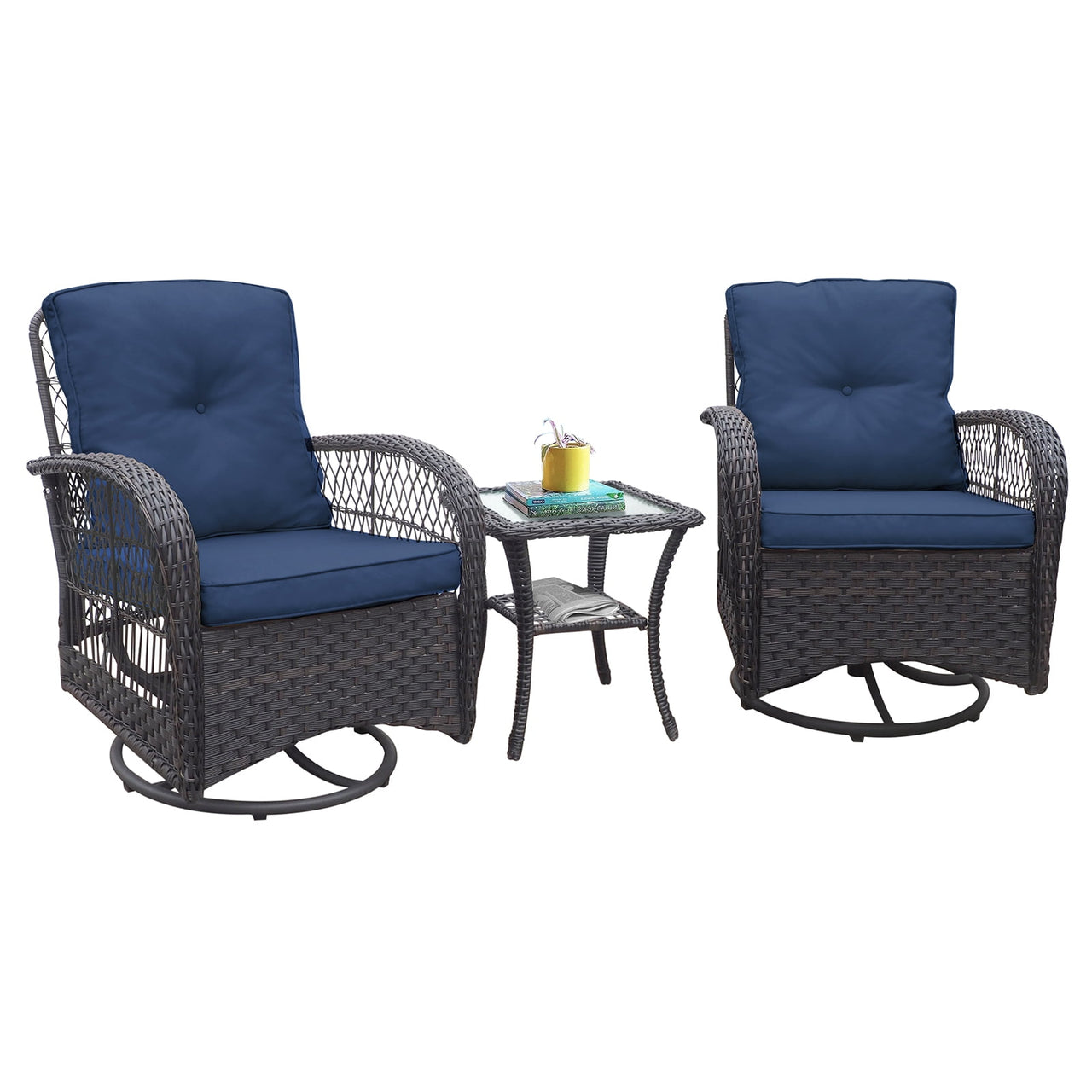 ATR ART TO REAL 3PCS Outdoor Wicker Swivel Rocker, Patio Rattan Furniture Rocker Set, Navy Blue