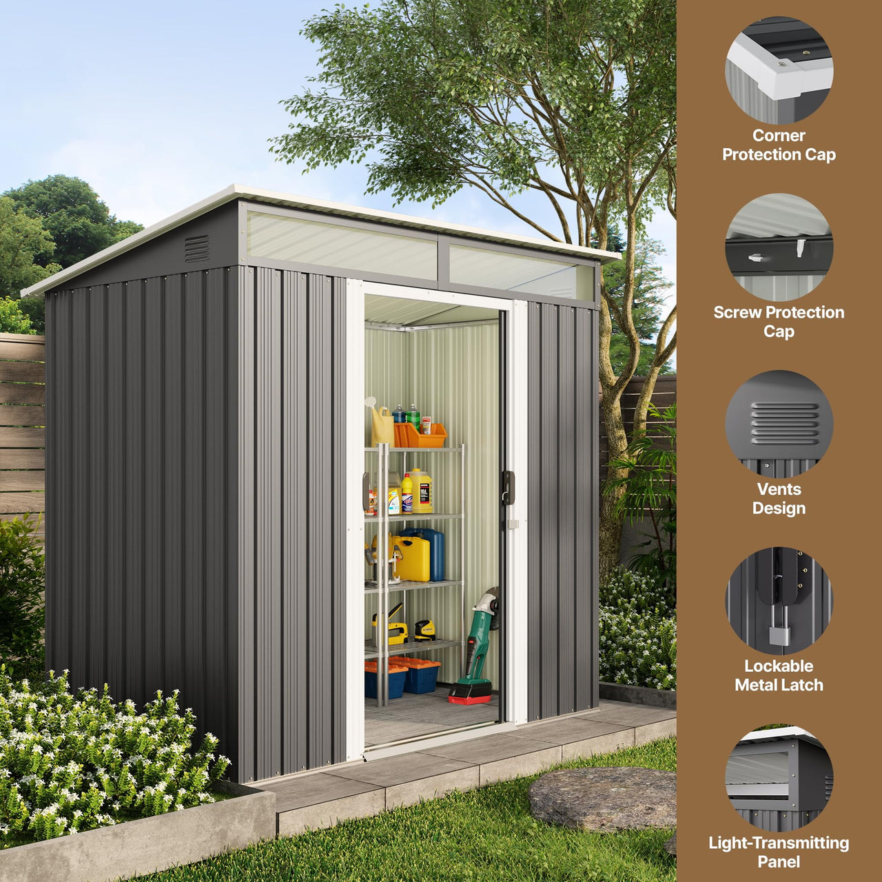 Lofka 6x4ft. Outdoor Storage Shed, Metal Garden Storage Shed with Sliding Lockable Door for Patio, Gray