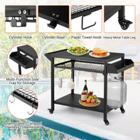 2/3-Shelf Grill Cart, with Wheels & Mesh Rack, Outdoor Pizza Oven Table and Food Prep Table, Black Table with Propane Tank Hook, Grill Stand for Griddle for Outside BBQ