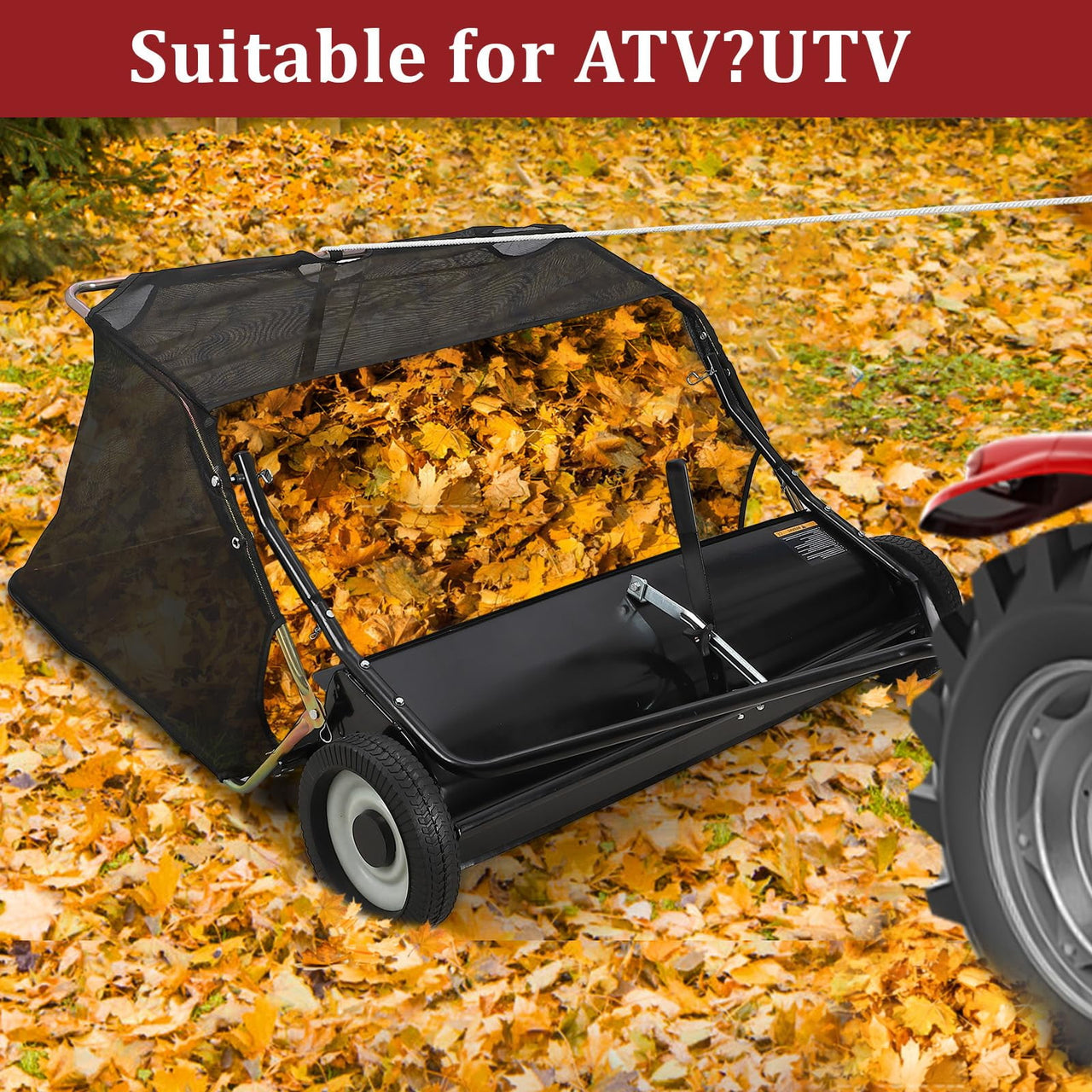 Tow Behind 48 Inch Lawn Sweeper, Large Capacity Heavy Duty Leaf & Grass Collector with Adjustable Sweeping Height, Dumping Rope Design for Picking Up Debris and Grass