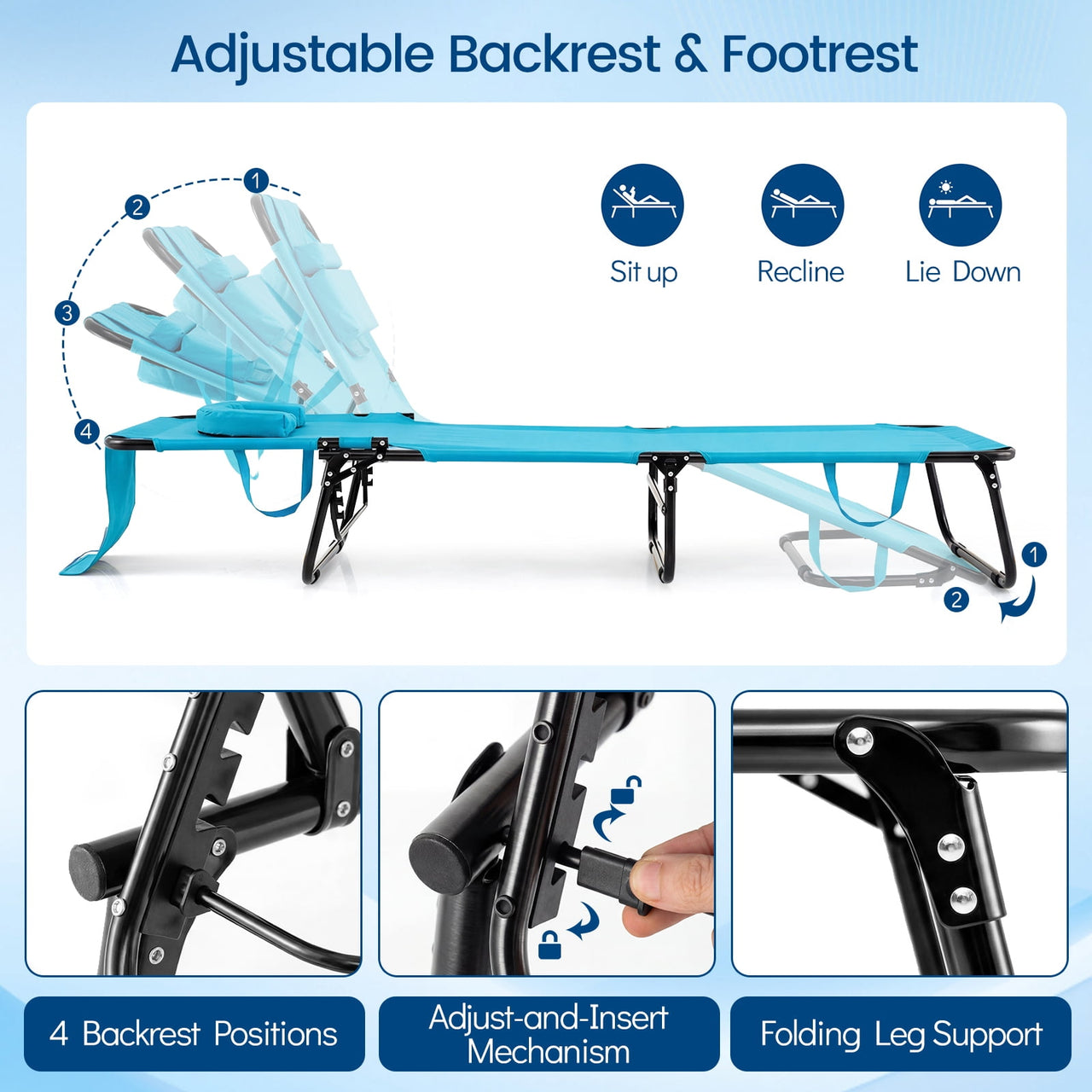 Costway Beach Chaise Lounge Chair with Face Hole Pillows & 4-Position Adjustable Backrest Turquoise