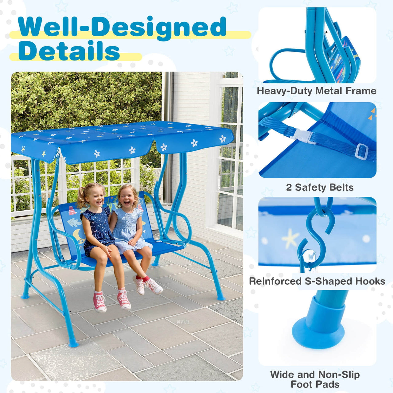Costway 2-Seater Toddler Porch Swing Chair with Metal Stand Adjustable Canopy Safety Belts Blue