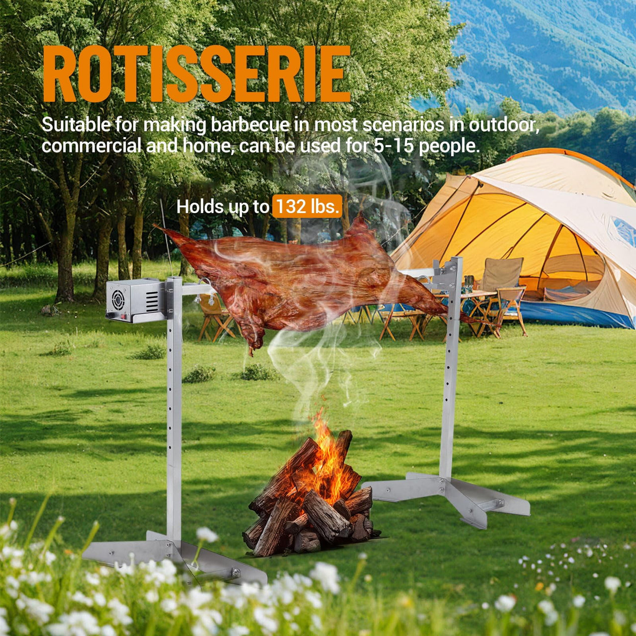 46" Outdoor Electric Rotisserie Grill Kit, 132LBS Pig Spit Rotisserie Grill, Height Adjustable Spit Roaster Stand for Roasting Pig Lamb