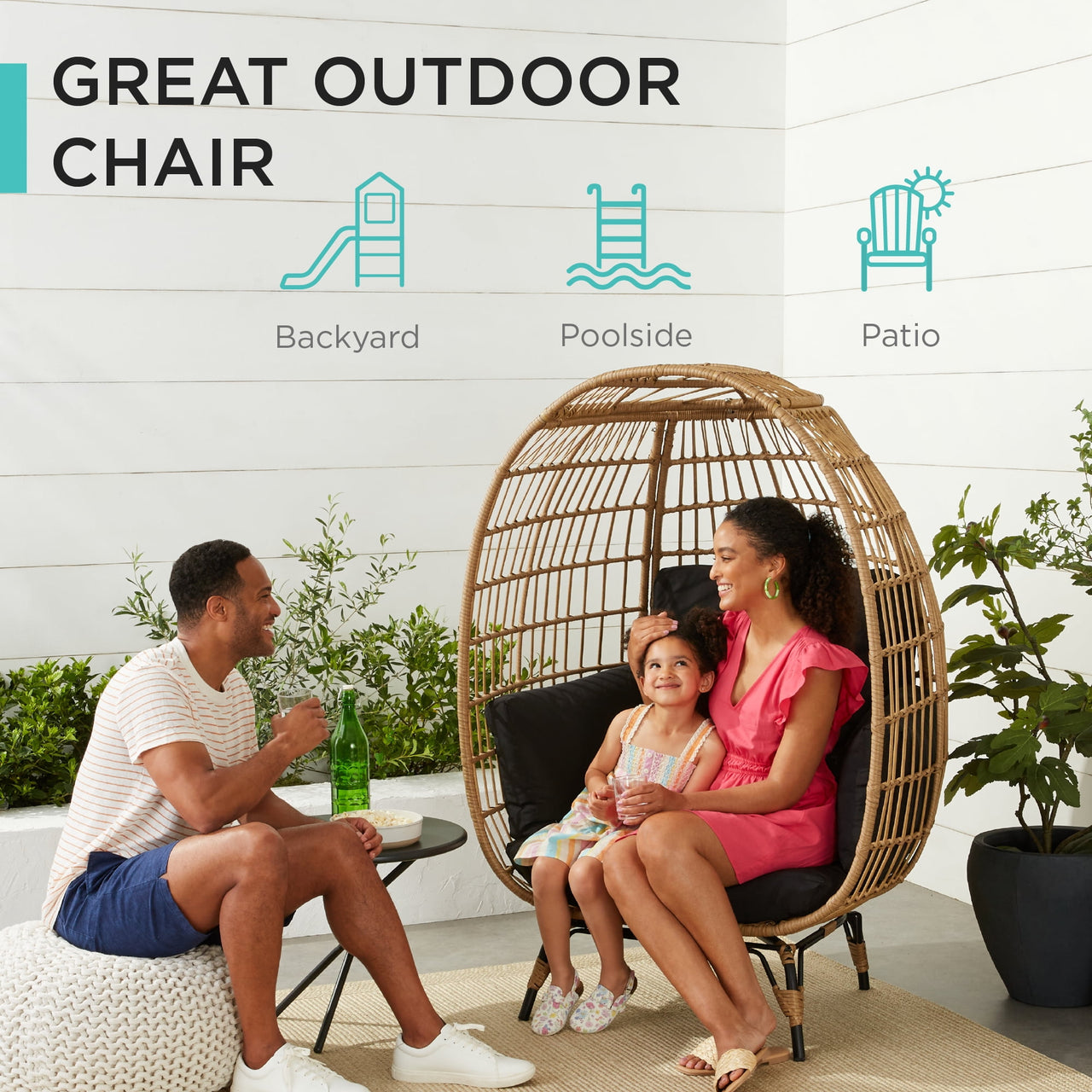 Best Choice Products Wicker Egg Chair Oversized Indoor Outdoor Patio Lounger w/ Steel Frame - Black