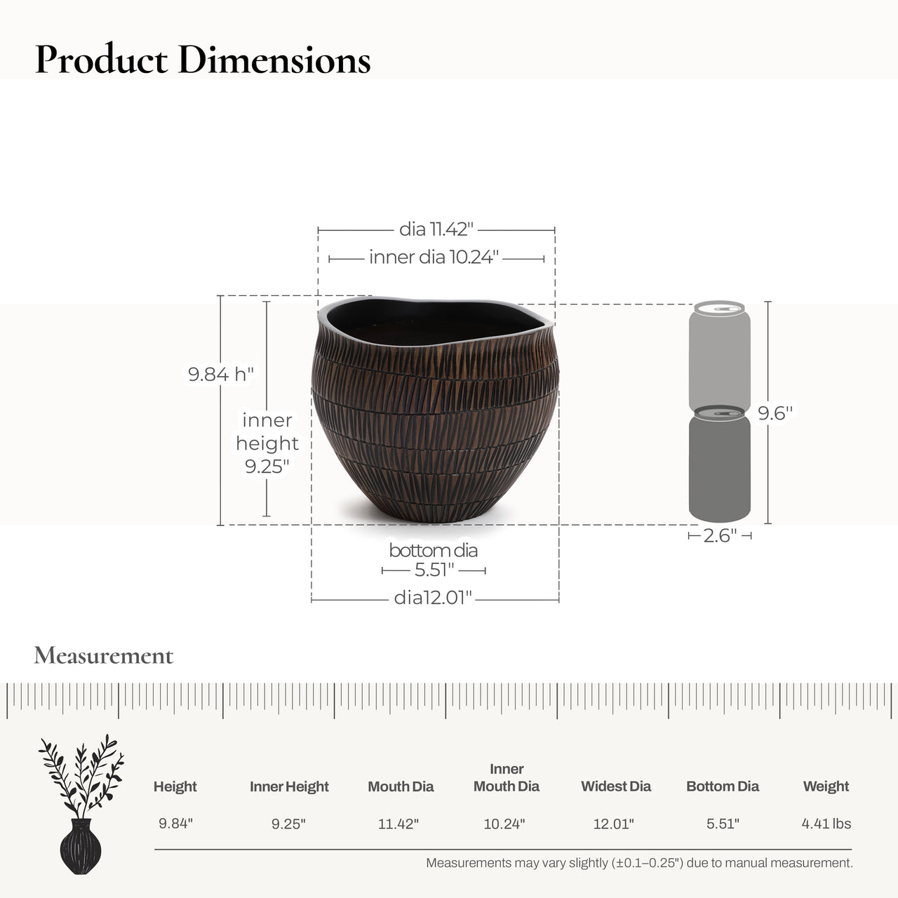 LuxenHome Brown with Black V-Pattern Polyresin 12-Inch Round Planter