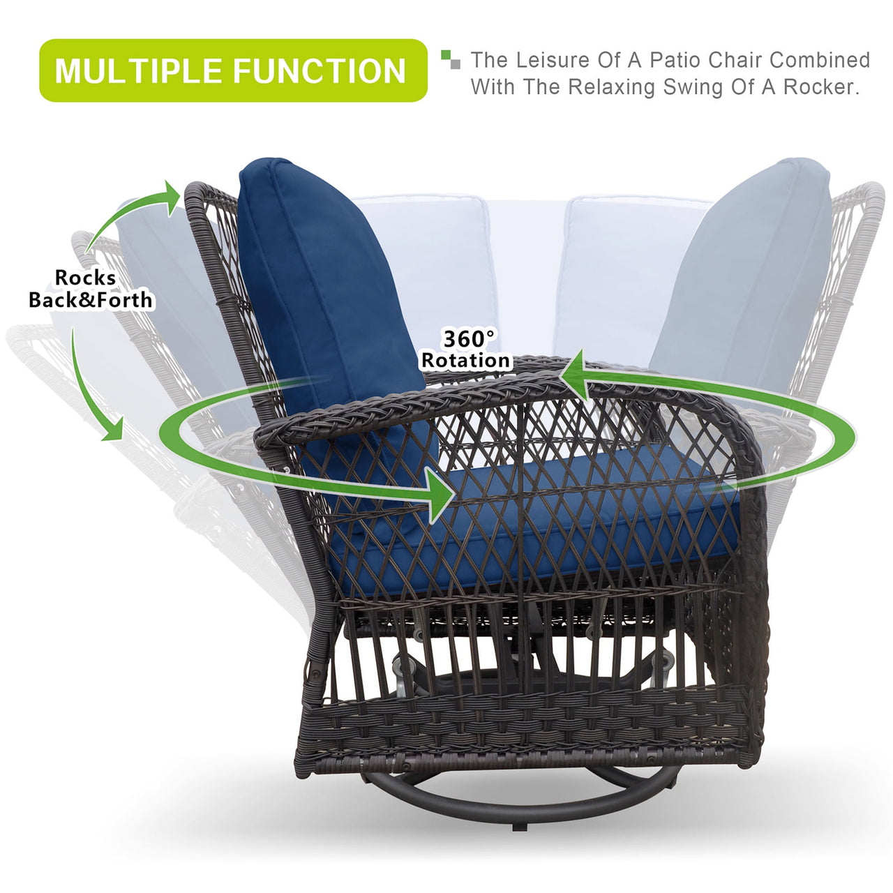 ATR ART TO REAL 3PCS Outdoor Wicker Swivel Rocker, Patio Rattan Furniture Rocker Set, Navy Blue