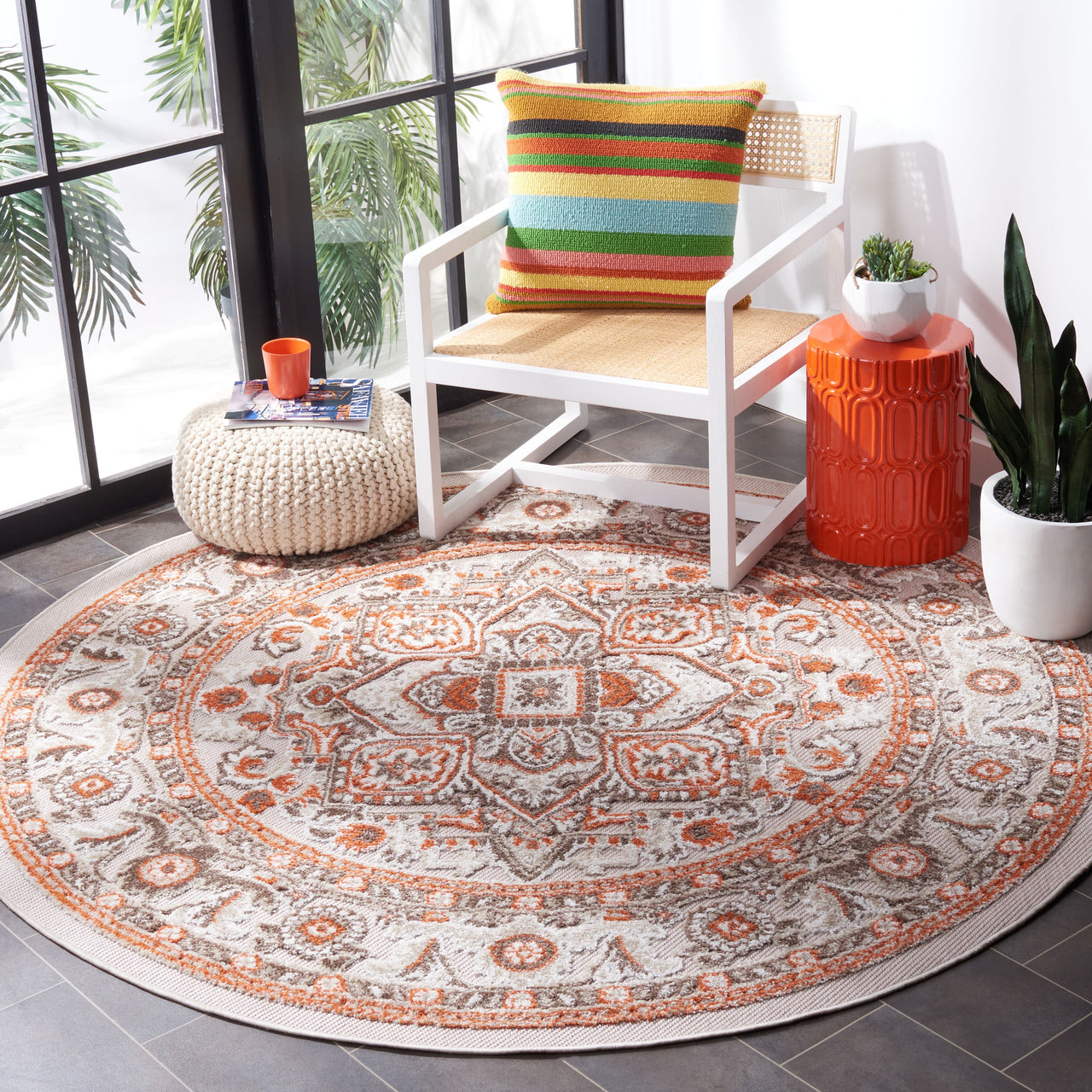 SAFAVIEH Cabana Greta Beige/Orange 2'2"X9' Runner Indoor/Outdoor Area Rug Beige/Orange, 6'7" x 6'7" Round