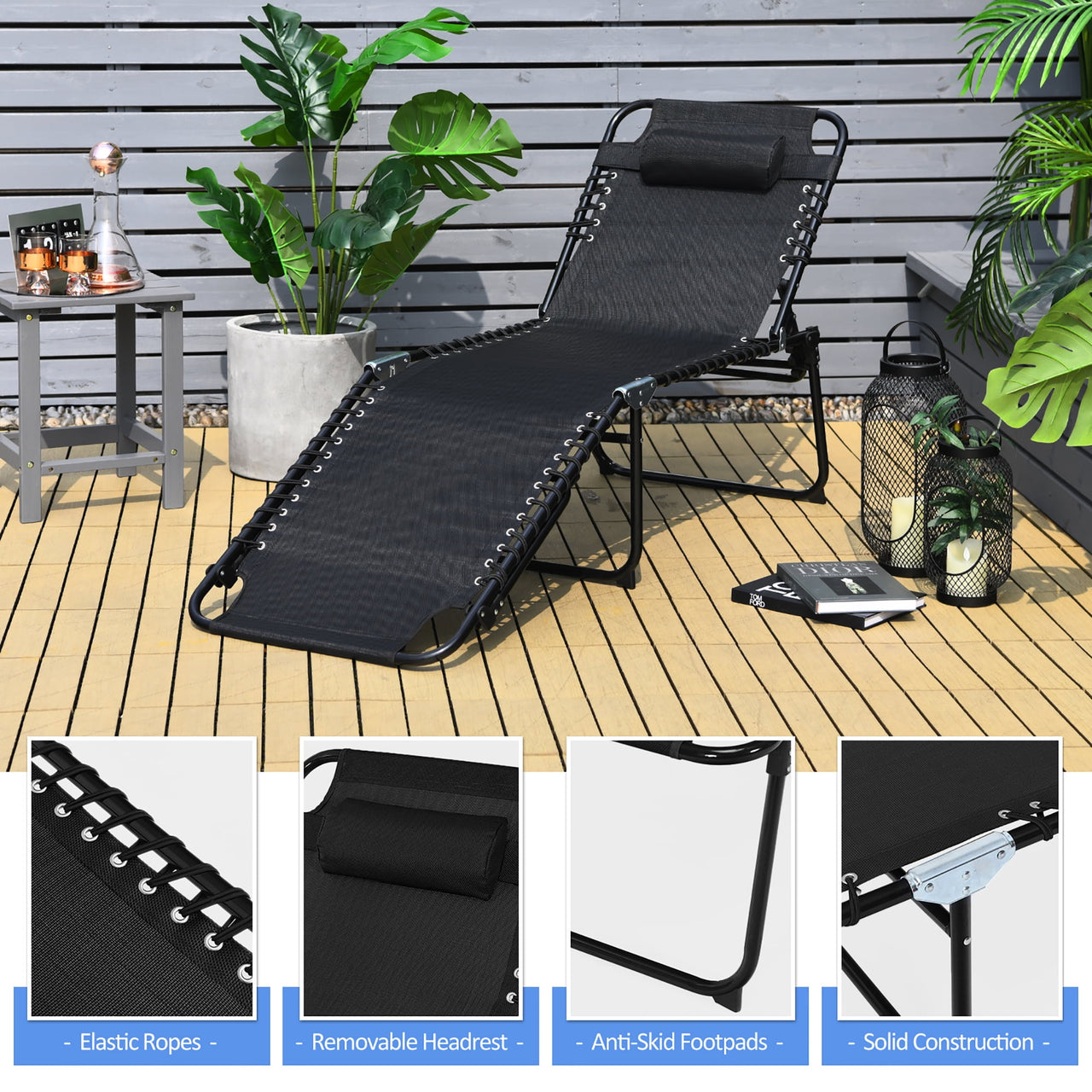 Costway Folding Lounge Chaise 16'' High Recline Chair W/Adjustable Backrest and Footrest Black