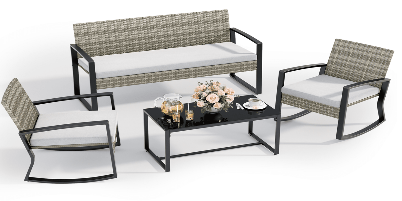 Lofka Patio Furniture Set, 4-Piece Outdoor Sectional Furniture Set with Coffee Table for Conversation & Dining, Gray Rattan