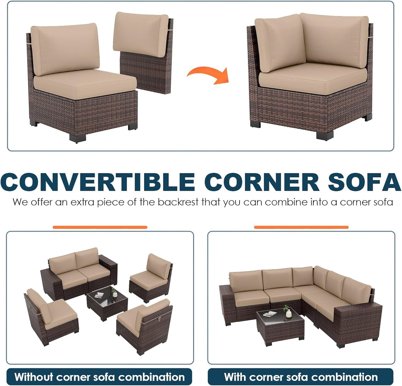 Patio Furniture Set, Ampatio 6-Piece Outdoor Sectional Sofa with Tempered Glass Table for Backyard & Porch, Wicker | Metal | Brown