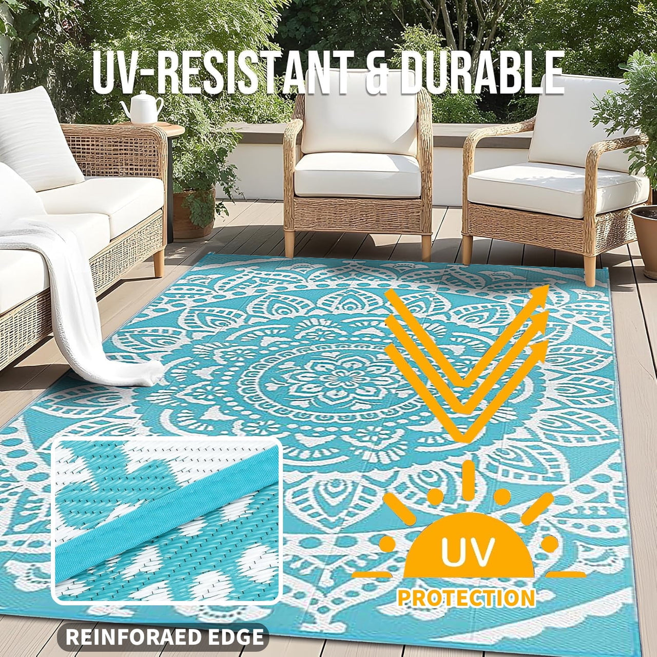Yamaziot 6'x9' Outdoor Rugs Patio Rug Reversible Mats Waterproof RV Rug Plastic Straw Outdoor Area Rug for Patios, Camping, Porch, Balcony, Beach, Deck, Teal